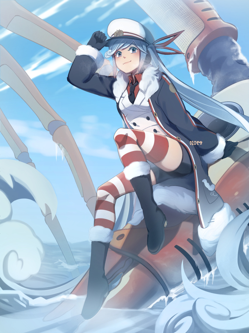 1girl absurdly_long_hair animal black_coat black_footwear black_gloves black_necktie black_shorts boots claws coat commentary crab full_body fur-trimmed_coat fur_trim gloves hair_ribbon hand_up hat hat_tip hatsune_miku headphones highres horizontal_stripes jacket knee_boots light_blue_eyes light_blue_hair lips long_hair looking_at_viewer mechanical_animal military military_uniform mono_(bluesky) naval_uniform necktie ocean outdoors oversized_animal red_legwear red_ribbon red_shirt ribbon sailor_hat shirt shorts sitting_on_animal smile solo striped striped_legwear symbol-only_commentary thighhighs twintails uniform very_long_hair vocaloid waves wavy_hair white_headwear white_jacket white_legwear yuki_miku yuki_miku_(2022)