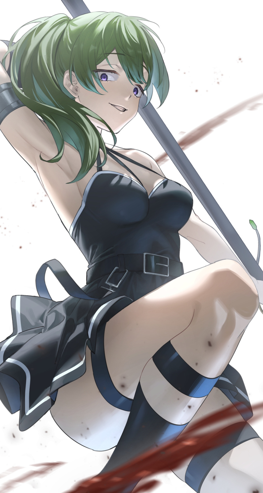 1girl arm_up armpits belt black_dress black_socks blood blood_spray breasts commentary dress from_below green_hair grin hair_between_eyes hair_over_shoulder highres holding holding_polearm holding_weapon knee_up kneehighs long_hair looking_at_viewer looking_down medium_breasts mofumofu_(mofuevening) parted_lips polearm purple_eyes sanpaku side_ponytail sleeveless smile socks solo sousou_no_frieren thigh_strap ubel_(sousou_no_frieren) weapon white_background
