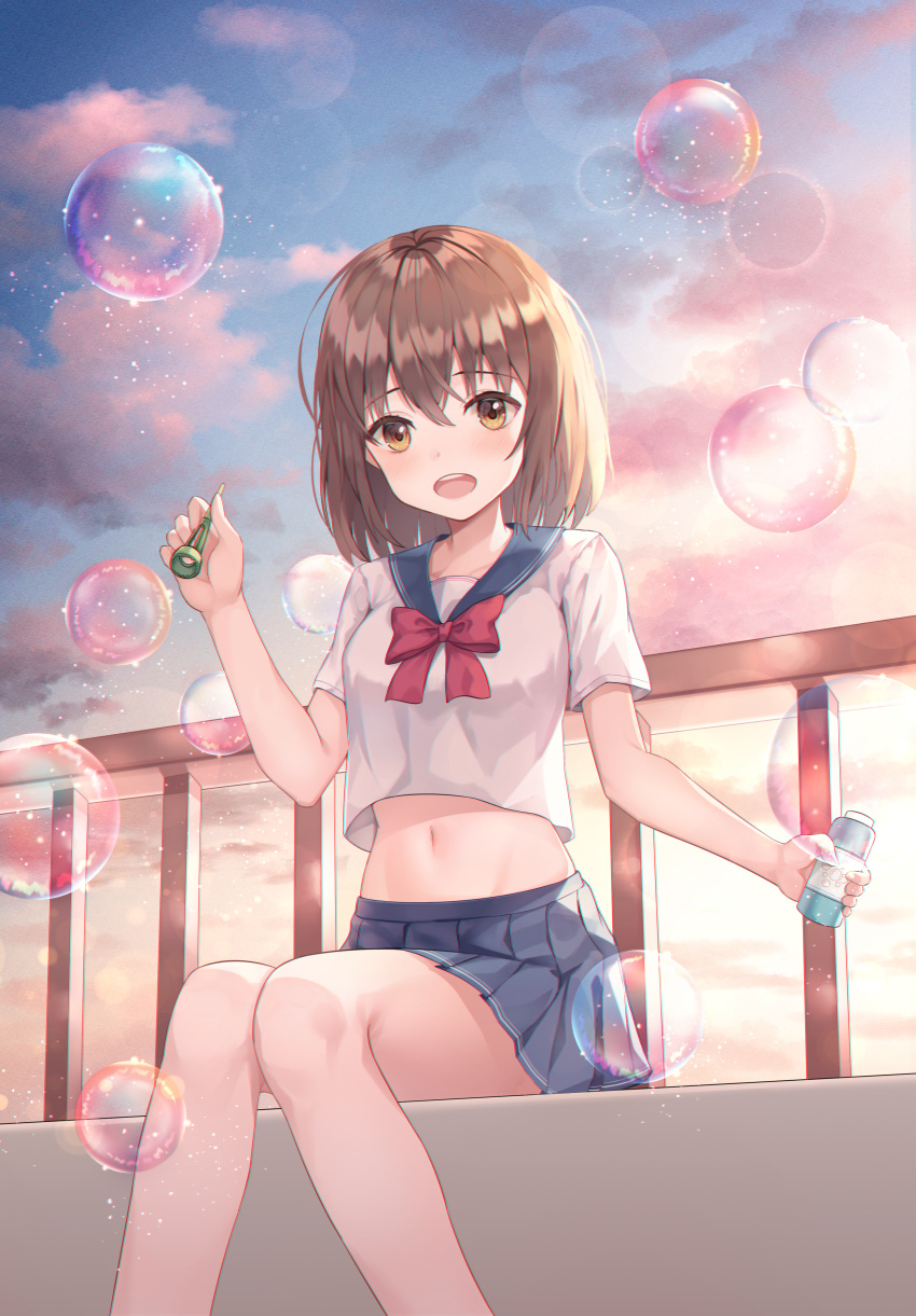 1girl absurdres bangs blue_sailor_collar blue_skirt blush bottle bow bowtie brown_eyes brown_hair bubble bubble_pipe commentary crop_top english_commentary eyebrows_visible_through_hair feet_out_of_frame hair_between_eyes highres holding holding_bottle looking_at_viewer medium_hair midriff miniskirt navel open_mouth original pleated_skirt red_bow red_bowtie revision sailor_collar school_uniform serafuku shirt short_sleeves shuvi_(shuvi1125) sitting skirt sky solo stomach teeth upper_teeth white_shirt