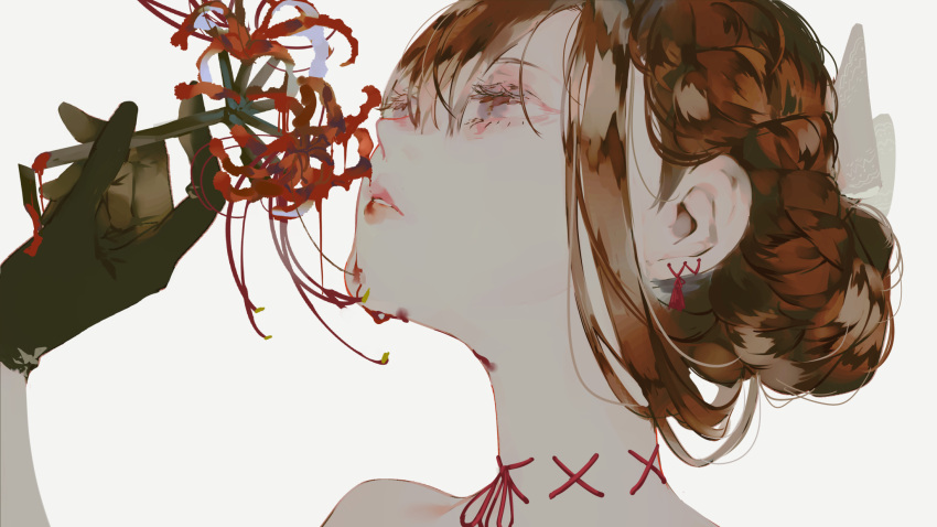 1girl black_gloves brown_hair close-up eyelashes flower gloves grey_eyes hair_between_eyes hair_bun hand_up highres holding holding_flower looking_up multicolored_hair original parted_lips portrait red_flower red_hair sidelocks simple_background solo spider_lily syokuuuuuuuuumura two-tone_hair white_background