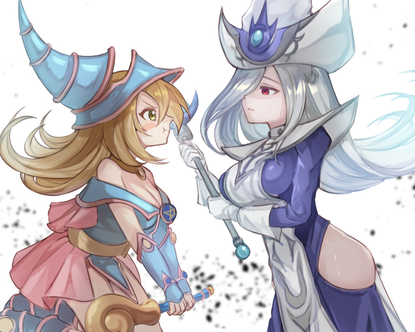 2girls blonde_hair blue_dress blue_hat blue_robe blush_stickers breasts cleavage dark_magician_girl dress duel_monster floating green_eyes grey_hair hat highres hip_vent holding holding_wand large_breasts long_hair midair multiple_girls pout red_eyes robe senada37 silent_magician wand white_hat witch_hat yu-gi-oh!