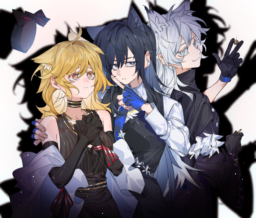 3girls animal_ears arknights black_choker black_dress black_eyes black_gloves black_hair black_vest blonde_hair blue_eyes blue_gloves blue_necktie bright_pupils chinese_commentary choker collared_shirt commentary_request dress elbow_gloves fingerless_gloves gloves hand_on_another's_shoulder highres index_finger_raised lappland_(arknights) lappland_(refined_horrormare)_(arknights) molu_stranger multiple_girls necktie orange_eyes own_hands_together parted_lips shadow shirt simple_background sleeveless sleeveless_dress sora_(arknights) texas_(arknights) vest white_background white_hair white_pupils white_shirt wolf_ears