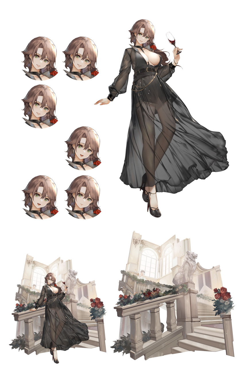 1girl alcohol azur_lane black_dress black_footwear brown_hair character_sheet cup dress drinking_glass exeter_(a_glorious_toast)_(azur_lane) exeter_(azur_lane) expressions flower green_eyes hair_flower hair_ornament high_heels highres holding holding_cup long_hair looking_at_viewer mkiiiiii official_alternate_costume official_art parted_lips see-through see-through_dress standing wine_glass