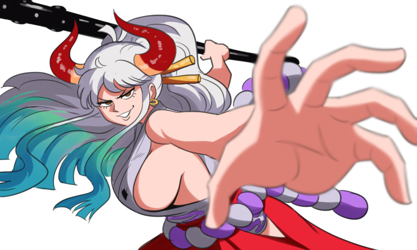 1girl bare_arms bare_shoulders breasts clothing_cutout club_(weapon) commentary curled_horns earrings foreshortening green_hair hair_ornament hair_stick highres hip_vent horns japanese_clothes jewelry kanabou kimono long_hair looking_at_viewer meme multicolored_hair multicolored_horns one_piece oni pepe_punch_(meme) red_horns rope shimenawa sideboob simple_background sleeveless sleeveless_kimono smile solo spiked_club tina_fate weapon yamato_(one_piece)