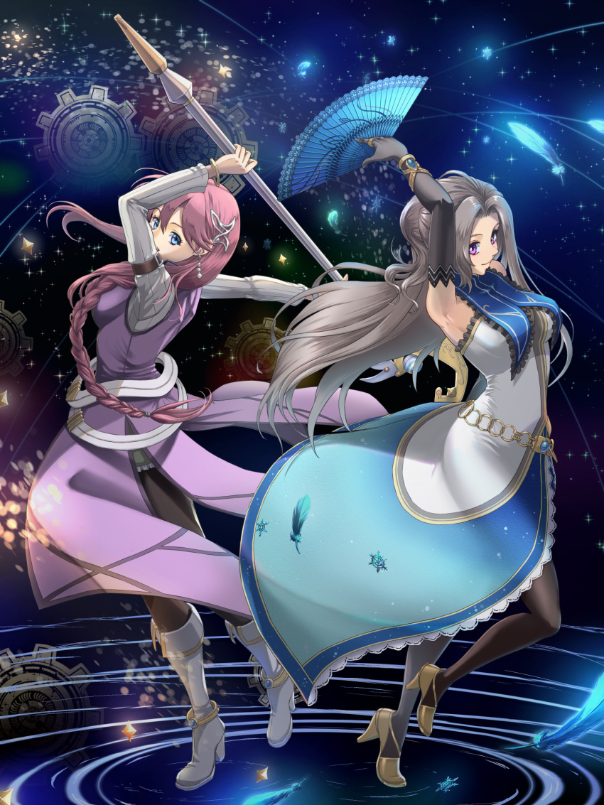 antenna_hair armpits back-to-back bare_shoulders black_gloves black_hair blue_eyes boots braid breasts chiga_akira coat double-parted_bangs dress earrings eiyuu_densetsu elbow_gloves emma_millstein feathers floating_clothes floating_hair full_body gears gloves hair_between_eyes hair_ornament hajimari_no_kiseki hand_fan high_heels highres holding holding_fan holding_staff jewelry large_breasts long_hair mage_staff pink_hair ponytail purple_eyes ribbed_sweater sen_no_kiseki sen_no_kiseki_iii sidelocks single_braid staff standing standing_on_liquid star_(sky) sweater vita_clotilde waves