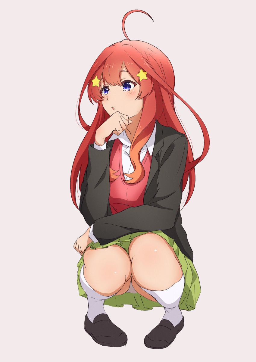 1girl :o absurdres ahoge black_footwear black_jacket blue_eyes blush clenched_hand collared_shirt commentary_request eyebrows_hidden_by_hair full_body go-toubun_no_hanayome green_skirt grey_background hair_between_eyes hair_ornament hand_up highres jacket kneehighs loafers long_hair looking_to_the_side miniskirt nakano_itsuki nishizuki_shino open_clothes open_jacket open_mouth panties panty_peek pleated_skirt red_hair red_sweater_vest school_uniform shirt shoes sidelocks simple_background skirt socks solo squatting star_(symbol) star_hair_ornament sweater_vest underwear white_panties white_shirt white_socks