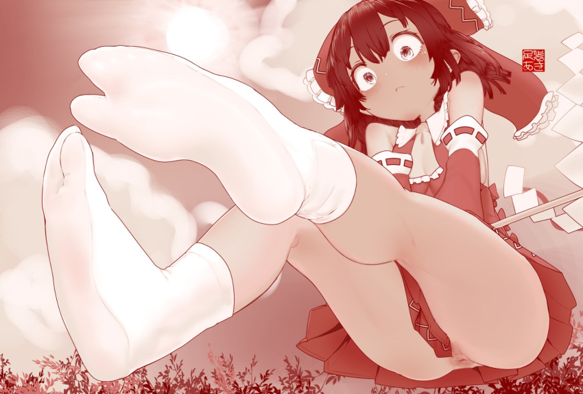 1girl anus ascot ass bare_shoulders blush bow commentary_request detached_sleeves embarrassed f_tabiaki feet flying frilled_bow frills full_body gohei hair_bow hakurei_reimu highres japanese_clothes miko monochrome no_panties outdoors sky soles solo tabi touhou