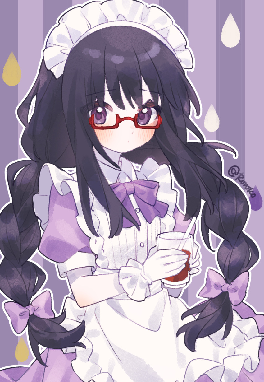 1girl akemi_homura apron black_hair bow bowtie braid chinese_commentary collared_shirt commentary_request cup dot_mouth drinking_glass drinking_straw expressionless frilled_apron frills gloves hair_bow highres holding holding_cup long_hair looking_at_viewer mahou_shoujo_madoka_magica mahou_shoujo_madoka_magica_(anime) maid_headdress official_alternate_costume outline puffy_short_sleeves puffy_sleeves purple_background purple_bow purple_bowtie purple_eyes red-framed_eyewear roro_(lolo) semi-rimless_eyewear shirt short_sleeves simple_background solo striped_background twin_braids under-rim_eyewear upper_body waist_apron white_apron white_gloves white_outline white_shirt