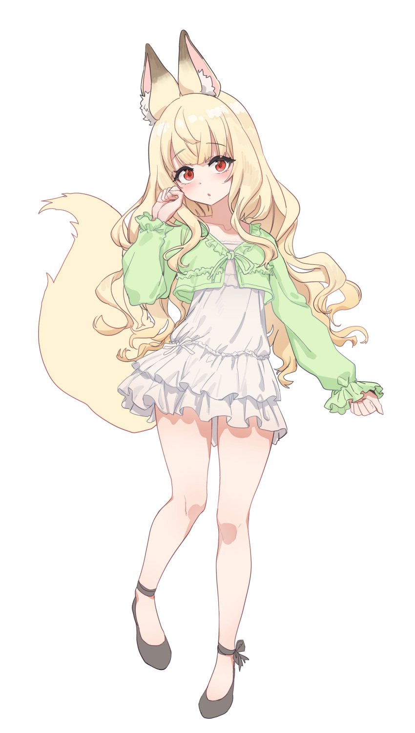 1girl :o absurdres animal_ear_fluff animal_ears aningay blonde_hair blush copyright_request dress fox_ears fox_girl fox_tail full_body green_jacket grey_footwear hand_up highres jacket layered_dress long_hair long_sleeves looking_at_viewer parted_lips pleated_dress puffy_long_sleeves puffy_sleeves red_eyes shoes simple_background sleeves_past_wrists solo standing standing_on_one_leg tail very_long_hair wavy_hair white_background white_dress