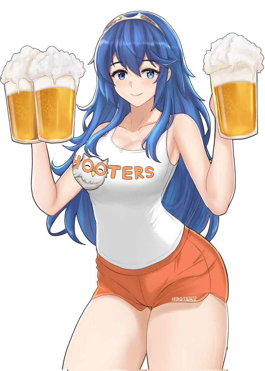 1girl alcohol alternate_costume bare_arms beer beer_mug blue_eyes blue_hair breasts cleavage commentary cup desspie fire_emblem fire_emblem_awakening highres hooters long_hair looking_at_viewer lucina_(fire_emblem) medium_breasts mug no_legwear shorts smile solo symbol-shaped_pupils tiara waitress