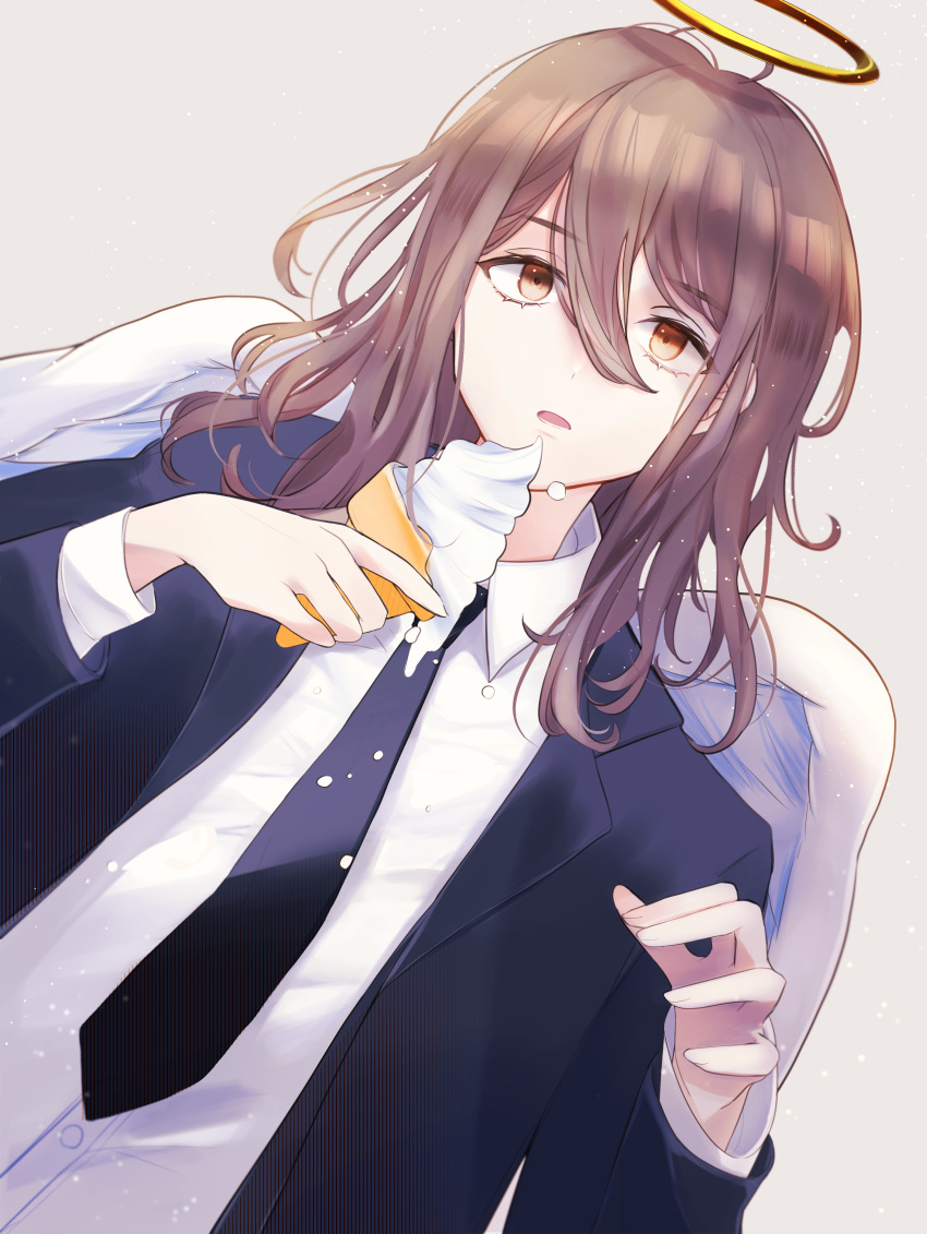 1boy absurdres angel_devil_(chainsaw_man) angel_wings black_jacket black_necktie brown_eyes brown_hair chainsaw_man collared_shirt dress_shirt food formal grey_background hair_between_eyes halo hand_up highres holding holding_food holding_ice_cream ice_cream jacket kumono_ame light_particles long_hair looking_at_viewer necktie open_clothes open_jacket open_mouth shirt sidelocks simple_background upper_body wavy_hair white_shirt wings