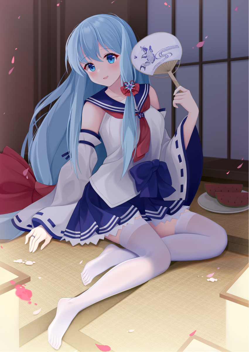1girl bangs blue_eyes blue_hair blue_sailor_collar blue_skirt bow commentary_request detached_sleeves eyebrows_visible_through_hair fengli_(709622571) hair_between_eyes hair_bow hand_fan highres holding holding_fan long_hair long_sleeves no_shoes paper_fan petals plate pleated_skirt red_bow ribbon-trimmed_sleeves ribbon_trim sailor_collar shirayuki_(warship_girls_r) shirt sitting skirt sleeves_past_wrists solo thighhighs uchiwa very_long_hair warship_girls_r watermelon_slice white_legwear white_shirt white_sleeves wide_sleeves yokozuwari