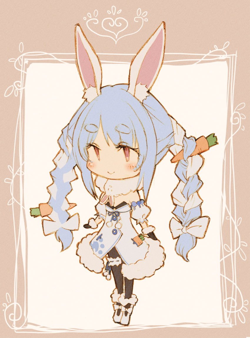 1girl animal_ear_fluff animal_ears black_gloves black_pantyhose blue_hair blush border bow braid bridal_garter brown_border carrot carrot_hair_ornament chibi commentary_request detached_sleeves don-chan_(usada_pekora) dress food-themed_hair_ornament full_body fur-trimmed_gloves fur_trim gloves hair_ornament highres hololive iketa_keiki long_hair multicolored_hair pantyhose pom_pom_(clothes) puffy_short_sleeves puffy_sleeves rabbit_ears red_eyes scarf shoes short_sleeves smile solo streaked_hair thick_eyebrows twin_braids usada_pekora usada_pekora_(1st_costume) virtual_youtuber white_bow white_dress white_footwear