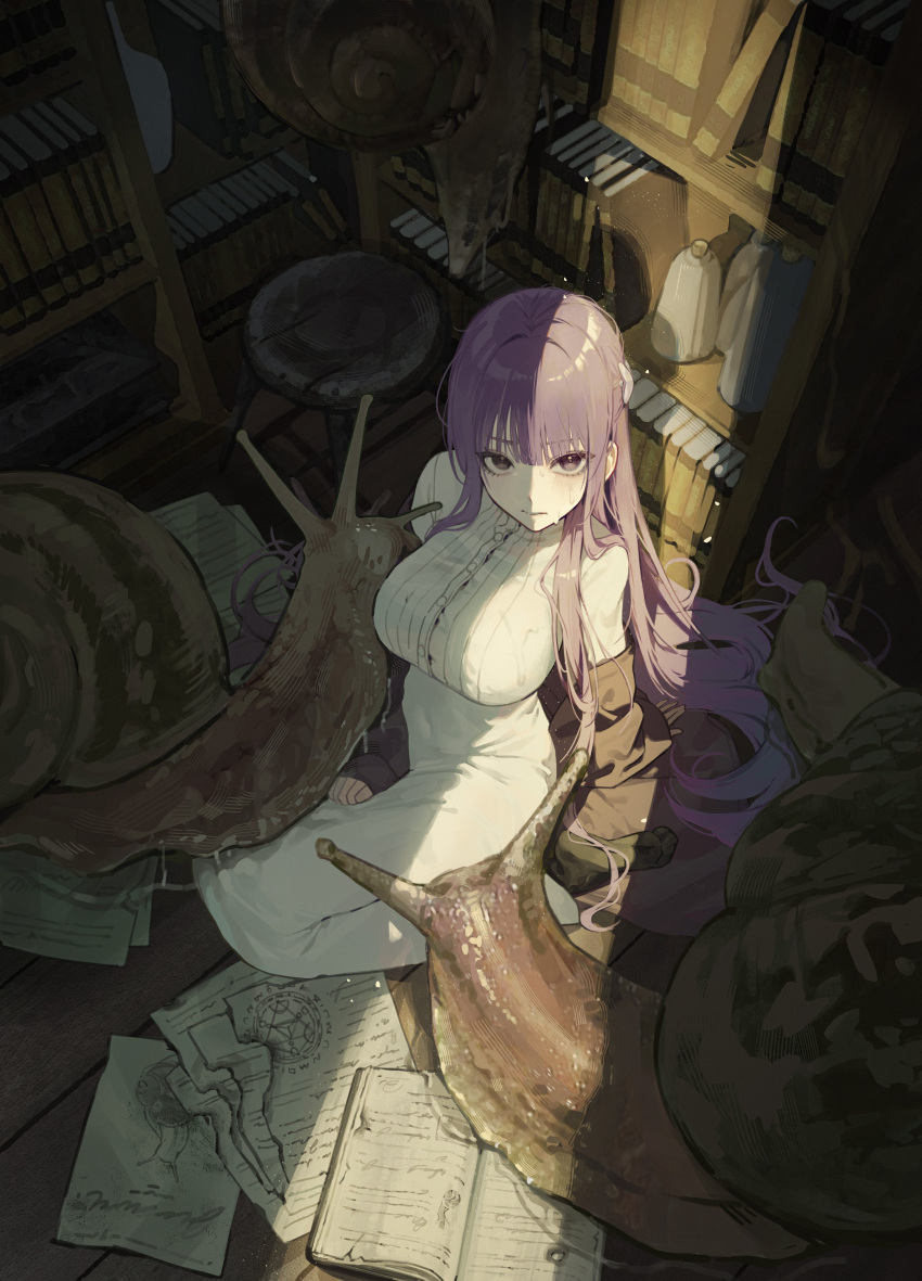 1girl absurdres animal arm_support black_socks book bookshelf bottle breasts brown_coat closed_mouth coat coat_partially_removed dress expressionless feet fern_(sousou_no_frieren) from_above highres indoors k_hottok large_breasts light_blush long_dress long_hair long_sleeves looking_at_viewer looking_up no_shoes on_floor open_book open_clothes open_coat oversized_animal paper purple_eyes purple_hair seiza shade sitting sleeves_past_wrists snail socks soles solo sousou_no_frieren stool sunlight sweat toes very_long_hair white_dress wooden_floor