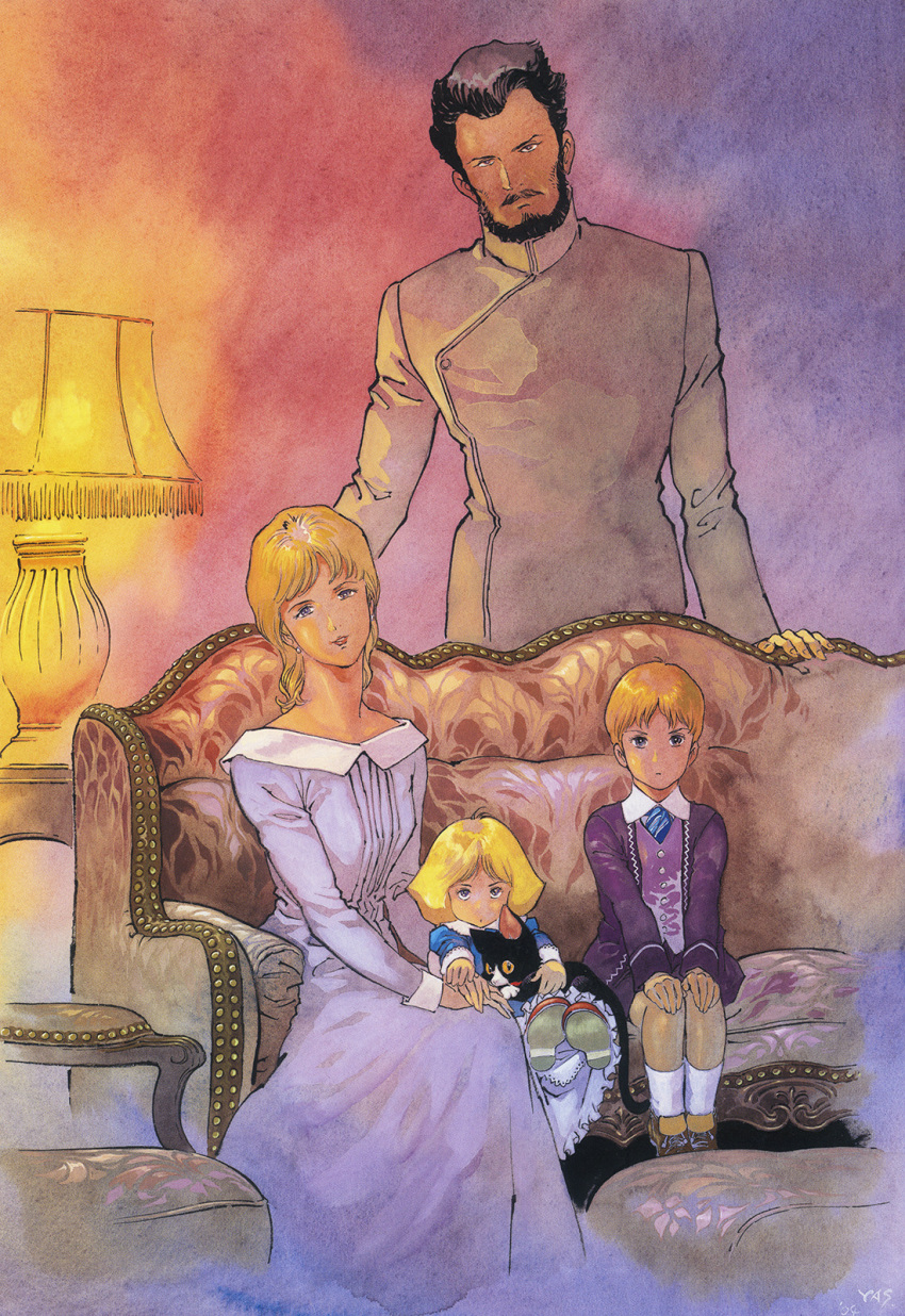 1980s_(style) 2boys 2girls age_difference artesia_som_deikun astraia_tor_deikun beard blonde_hair casval_rem_deikun child dress facial_hair family formal gundam highres lamp living_room manly mobile_suit_gundam mobile_suit_gundam_the_origin multiple_boys multiple_girls promotional_art retro_artstyle scan signature size_difference suit traditional_media zeon_zum_deikun