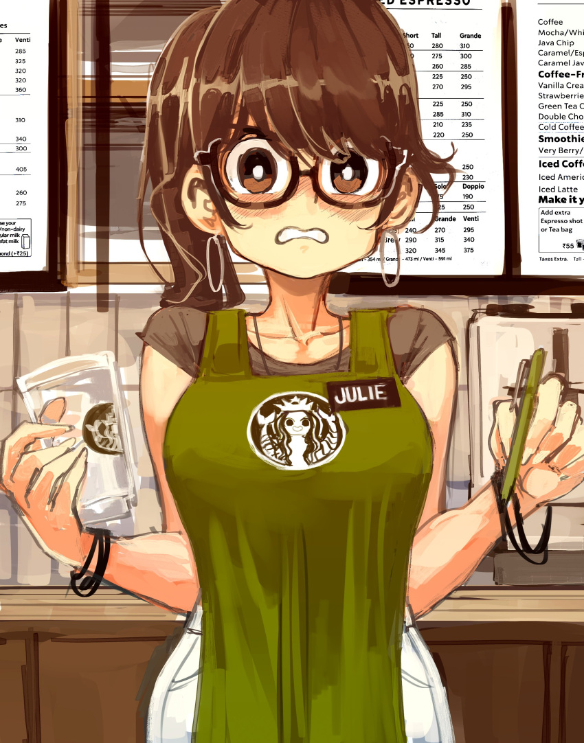 1girl absurdres apron barista black-framed_eyewear breasts brown_eyes brown_hair cup disposable_cup earrings green_apron highres hoop_earrings iced_latte_with_breast_milk_(meme) jewelry julie_powers large_breasts maddoxfanx meme menu name_tag pen ponytail scott_pilgrim solo starbucks