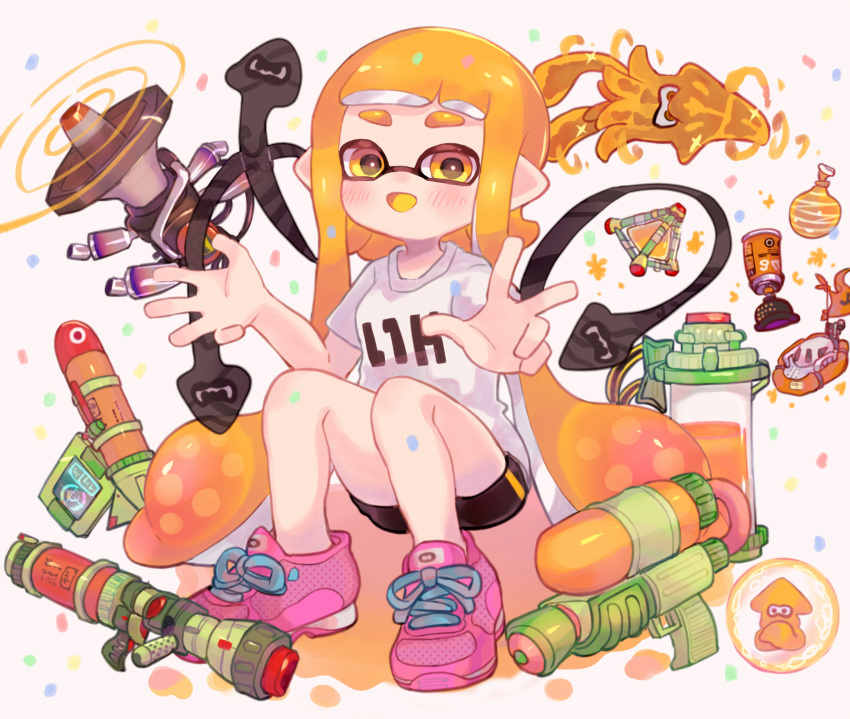 1girl :d black_shorts blush bubbler_(splatoon) burst_bomb_(splatoon) colored_tongue echolocator_(splatoon) highres hsk8tori ink_tank_(splatoon) inkling inkling_girl inkling_player_character inkstrike_(splatoon) inkzooka_(splatoon) killer_wail_(splatoon) kraken_(splatoon) long_hair looking_at_viewer open_mouth orange_eyes orange_hair pink_footwear pointy_ears seeker_(splatoon) shirt shoelaces shoes short_sleeves shorts single_vertical_stripe sitting smile sneakers solo splat_bomb_(splatoon) splatoon_(series) splatoon_1 splattershot_(splatoon) squid suction_bomb_(splatoon) super_soaker t-shirt tentacle_hair very_long_hair white_background white_shirt yellow_tongue