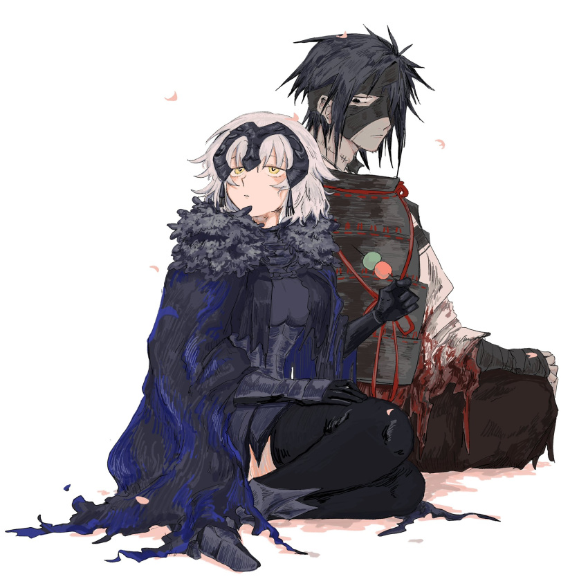 1boy 1girl armor bandage_over_one_eye bandaged_arm bandaged_head bandages black_armor black_bandages black_eyes black_hair black_thighhighs cape chiemon_(fate) dango falling_petals fate/samurai_remnant fate_(series) food fur-trimmed_cape fur_trim hand_on_own_thigh headpiece highres holding holding_food holding_skewer indian_style japanese_armor jeanne_d'arc_alter_(lancer)_(fate) multiple_scars petals plackart ruda_(ruda_0616_tfj) sanshoku_dango scar short_hair shoulder_armor simple_background sitting skewer sode thighhighs torn_cape torn_clothes wagashi wariza white_background white_hair yellow_eyes