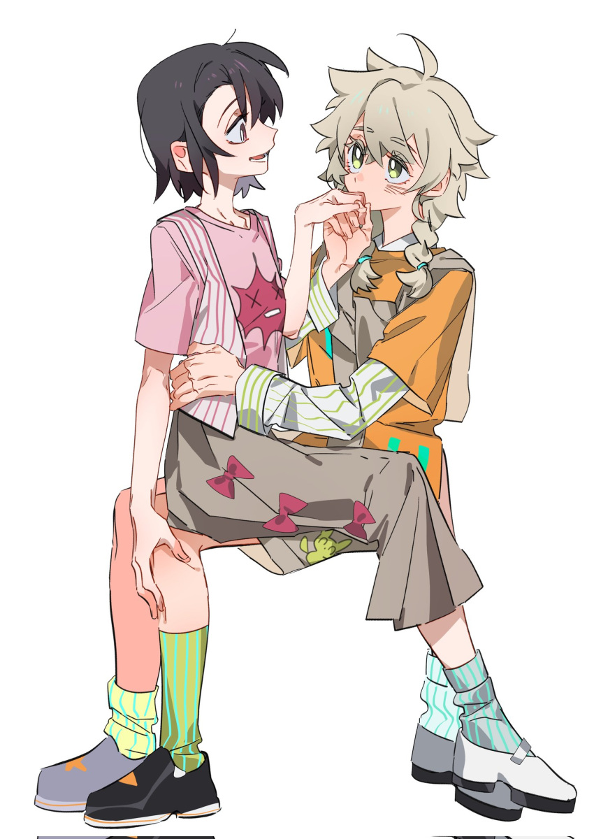 2girls black_footwear black_hair blue_socks borrowed_character braid bright_pupils brown_skirt character_request chinese_commentary commentary_request corrupted_twitter_file eye_contact green_eyes green_socks highres holding_hands kiss kissing_hand light_brown_hair long_hair looking_at_another mismatched_socks molu_stranger multiple_girls open_clothes open_vest orange_shirt original pink_shirt red_eyes shirt short_hair short_sleeves simple_background sitting sitting_on_lap sitting_on_person skirt smile socks striped_clothes striped_socks striped_vest twin_braids vest white_background white_footwear white_pupils yuri