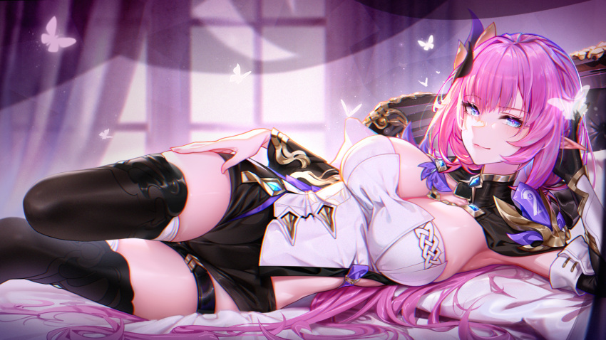 1girl armpits asymmetrical_clothes asymmetrical_legwear bangs bed bed_sheet black_gloves blue_eyes boots breasts bug butterfly cape celtic_knot cleavage closed_mouth cowboy_shot curtains elbow_rest elf elysia_(honkai_impact) eyebrows_visible_through_hair gloves hair_between_eyes hair_ornament hand_on_hip hbb highres honkai_(series) honkai_impact_3rd indoors large_breasts lips long_hair long_sleeves looking_at_viewer lounging lying on_side open_mouth pink_hair pointy_ears shorts side_cutout single_glove smile solo thighhighs window