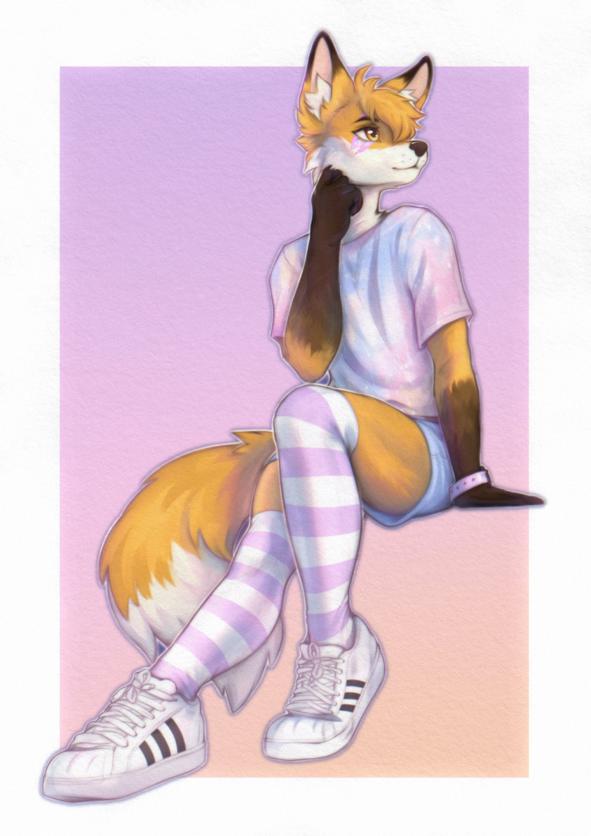 anthro canid canine clock clothing footwear fox fur hair head_on_hand hi_res legwear looking_aside male mammal multicolored_body multicolored_fur orange_body orange_eyes orange_fur orange_hair pattern_clothing pattern_legwear pattern_thigh_highs shoes sitting solo striped_clothing striped_legwear striped_thigh_highs stripes thigh_highs two_tone_body two_tone_fur watch white_body white_fur wristwatch yshanii