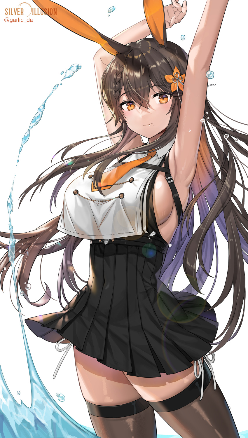 1girl absurdres animal_ears armpits arms_up azur_lane bare_arms bare_shoulders black_dress black_hair braid breasts brown_legwear chikuma_(azur_lane) colored_inner_hair dress flower hair_flower hair_ornament highres jaeyun large_breasts long_hair looking_at_viewer mole mole_under_mouth multicolored_hair necktie orange_eyes pleated_dress rabbit_ears short_necktie side-tie_peek sideboob simple_background sleeveless sleeveless_dress smile solo thighhighs very_long_hair water white_background wing_collar zettai_ryouiki