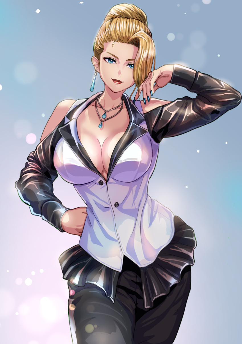 1girl blonde_hair blue_eyes blue_nails breasts cleavage clothing_cutout earrings hair_bun hair_over_one_eye highres jewelry large_breasts lips long_sleeves looking_at_viewer makeup mature_(kof) mature_female necklace pant_suit pants short_hair shoulder_cutout single_hair_bun smile snk solo suit the_king_of_fighters the_king_of_fighters_xiv yukinoshinf