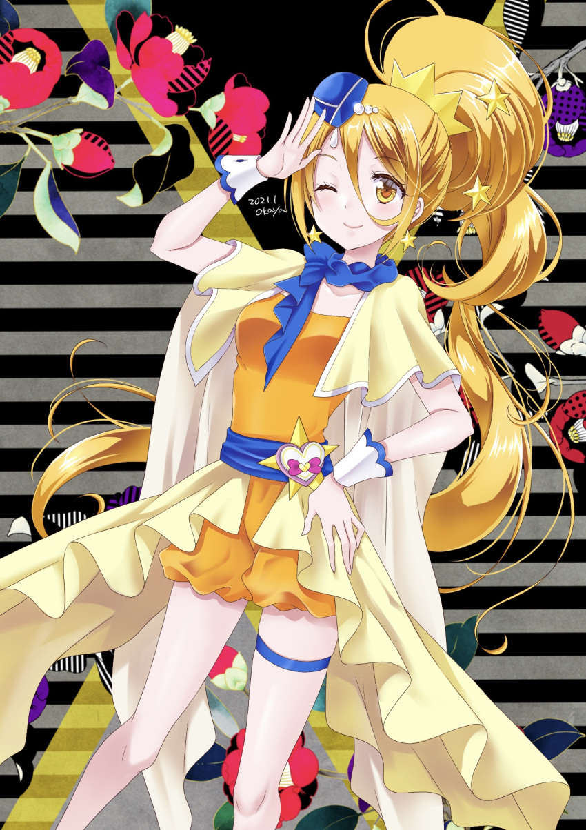 1girl ;) artist_name blonde_hair blue_hat blue_sash blue_scarf cape closed_mouth commentary cure_etoile dated dress earrings flower garrison_cap hair_ornament hand_on_own_hip hat highres hugtto!_precure jewelry kagayaki_homare long_hair looking_at_viewer magical_girl okayashi one_eye_closed orange_dress ponytail precure salute sash scarf short_dress showgirl_skirt smile solo standing star_(symbol) star_earrings star_hair_ornament striped_background thigh_strap very_long_hair wrist_cuffs yellow_cape yellow_eyes