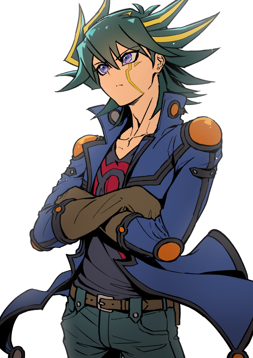 1boy absurdres black_hair black_shirt blonde_hair blue_jacket blue_pants collarbone cowboy_shot crossed_arms facial_mark fudo_yusei highres jacket looking_up multicolored_hair open_clothes open_jacket pants shirt simple_background solo spiked_hair streaked_hair white_background youko-shima yu-gi-oh! yu-gi-oh!_5d's