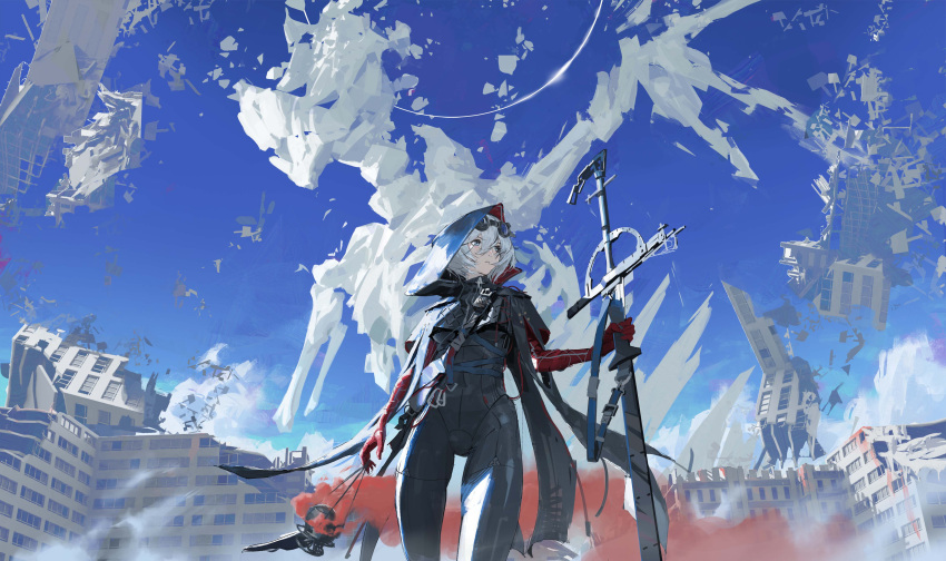 1girl absurdres black_bodysuit blue_sky bodysuit building chinese_commentary cloud day elbow_gloves eyewear_on_head gloves grey_hair highres holding holding_sword holding_weapon hood hood_up jef_wu original outdoors parted_lips red_gloves ruins short_hair sky smoke solo standing sword weapon
