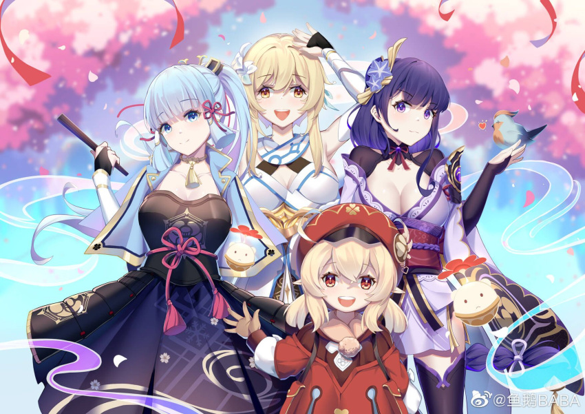 4girls :d ahoge aqua_eyes aqua_hair armor armored_dress armpits backpack bag bangs bird black_gloves black_legwear blunt_bangs blurry bow bowtie braid braided_ponytail breastplate breasts bridal_gauntlets brown_gloves brown_scarf cabbie_hat cherry_blossoms choker cleavage clover_print coat collarbone commentary_request confetti depth_of_field detached_sleeves dress eyebrows_visible_through_hair folding_fan genshin_impact gloves hair_between_eyes hair_bow hair_ornament hair_ribbon hair_tubes hand_fan hat hat_feather hat_ornament height_difference highres holding holding_fan japanese_clothes jumpy_dumpty kamisato_ayaka klee_(genshin_impact) light_brown_hair long_hair long_sleeves looking_at_viewer low_ponytail low_twintails lumine_(genshin_impact) mole mole_under_eye multiple_girls obi open_mouth orange_eyes petals petals_on_liquid pocket pointy_ears ponytail purple_eyes purple_hair raiden_shogun red_coat red_headwear ribbon sash scarf short_hair short_hair_with_long_locks short_sleeves sidelocks single_braid smile thighhighs tress_ribbon twintails wall-eyed waving white_dress white_scarf wide_sleeves yu_e_baba zettai_ryouiki