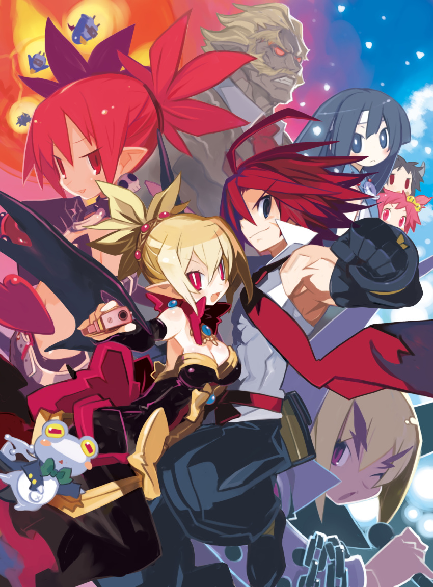 4boys 4girls absurdres adell_(disgaea) aiming aiming_at_viewer akutare_(disgaea) armpits black_gloves black_hair black_pants blonde_hair blue_eyes blush_stickers bow bright_pupils chain child clenched_hand closed_mouth dark-skinned_male dark_skin demon_boy demon_girl disgaea earrings elbow_gloves etna_(disgaea) frog gloves gun hair_bobbles hair_ornament hanako_(disgaea) harada_takehito highres jewelry makai_senki_disgaea_2 microphone multiple_boys multiple_girls muscular necktie official_art one_eye_closed open_mouth pants pink_eyes pointy_ears prinny purple_eyes red_eyes red_hair rozalin short_hair side_ponytail slit_pupils smile spiked_hair tail taro_(disgaea) tink_(disgaea) twintails weapon yellow_bow yukimaru_(disgaea) zenon_(disgaea)