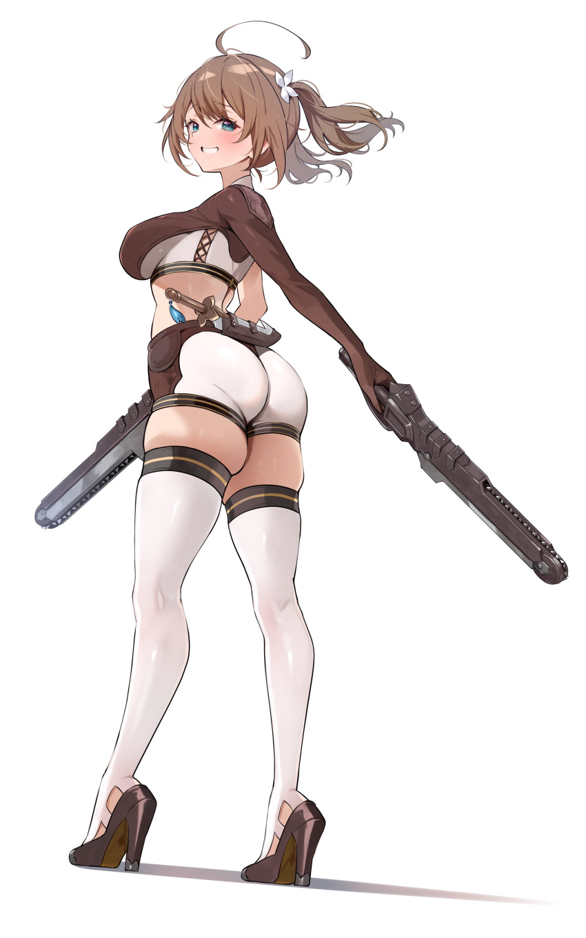 1girl absurdres ahoge alternate_costume aogiri_koukou aqua_eyes ass black_footwear breasts brown_hair commentary_request crop_top floating_hair from_behind high_heels highres holding holding_weapon kkix25 kurikoma_komaru large_breasts looking_at_viewer looking_back short_shorts shorts simple_background skindentation solo standing thick_thighs thighhighs thighs twintails virtual_youtuber weapon weapon_on_back white_background white_thighhighs