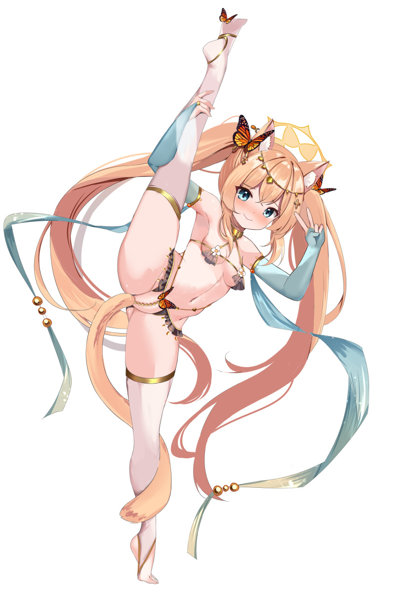 1girl absurdres alternate_costume alternate_hairstyle animal_ear_fluff animal_ears arabian_clothes armpits ass_visible_through_thighs blue_archive blue_eyes blush breasts bug butterfly cat_ears cat_girl cat_tail cross crotchless crotchless_panties dancer detached_sleeves hair_ornament halo highres holding_own_leg long_hair looking_at_viewer mari_(blue_archive) micro_bra navel orange_hair panties partially_visible_vulva pearl_thong revealing_clothes rinringyo small_breasts smile split standing standing_on_one_leg standing_split stirrup_legwear tail thighhighs toeless_legwear twintails underwear v very_long_hair yellow_halo