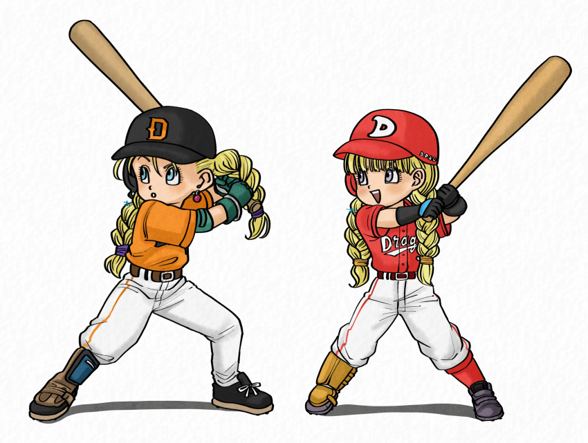 2girls aged_down alternate_costume baseball baseball_bat baseball_cap baseball_uniform belt belt_buckle bianca_(dq5) black_gloves black_hat blonde_hair blue_eyes blunt_bangs braid buckle child commentary_request dragon_quest dragon_quest_v dragon_quest_xi earrings full_body gloves green_gloves hat highres holding holding_baseball_bat in-franchise_crossover jewelry light_blush long_hair looking_to_the_side multiple_girls okita_(sukult_4) open_mouth orange_shirt pants parted_lips purple_eyes red_hat red_shirt shirt short_sleeves sportswear standing twin_braids veronica_(dq11) white_background white_pants