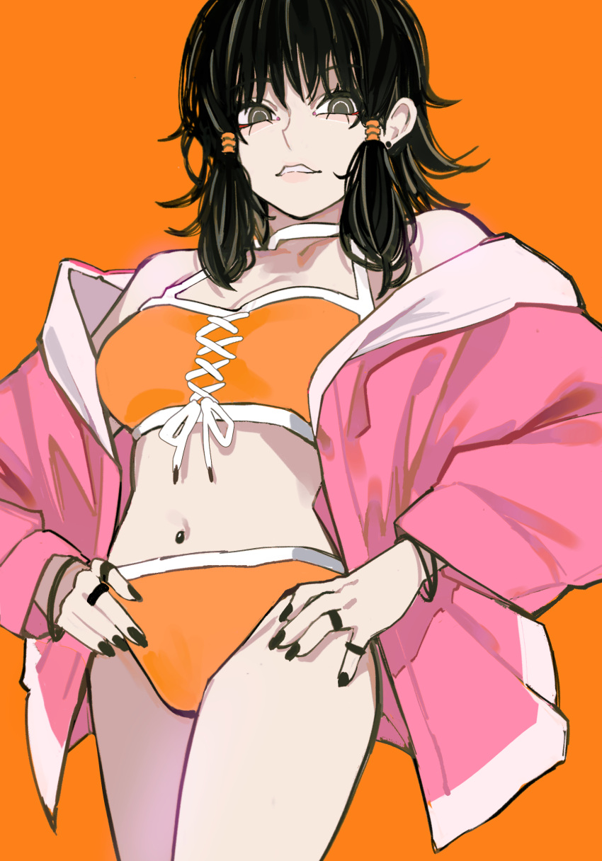 1girl absurdres bikini black_hair black_nails bra braid breasts chainsaw_man earrings grey_eyes hands_on_own_hips highres jacket jewelry lace lace_bra looking_at_viewer mifune_fumiko multiple_rings navel_piercing orange_background orange_bikini piercing pink_jacket ring sailen0 short_hair swimsuit twin_braids underwear