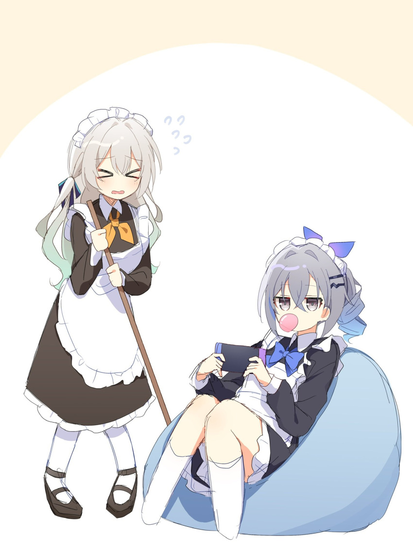 2girls apron blowing_bubbles bow bowtie broom dress drill_hair drill_ponytail firefly_(honkai:_star_rail) grey_eyes grey_hair hair_between_eyes handheld_game_console highres holding holding_broom honkai:_star_rail honkai_(series) long_hair long_sleeves maid maid_apron maid_headdress multiple_girls neckerchief orange_neckerchief ribbon silver_wolf_(honkai:_star_rail) simple_background thighhighs uwasewau