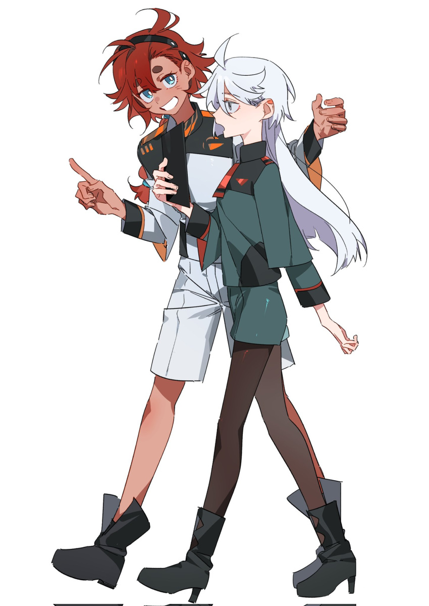 2girls ahoge asticassia_school_uniform black_footwear black_hairband black_pantyhose blue_eyes boots bright_pupils commentary dark-skinned_female dark_skin full_body green_jacket green_shorts grey_eyes grin gundam gundam_suisei_no_majo hairband hands_up hashtag-only_commentary high_heel_boots high_heels highres holding jacket long_hair long_sleeves miorine_rembran molu_stranger multiple_girls necktie open_mouth pantyhose pointing red_hair red_necktie school_uniform shorts simple_background smile suletta_mercury thick_eyebrows walking white_background white_hair white_jacket white_pupils white_shorts