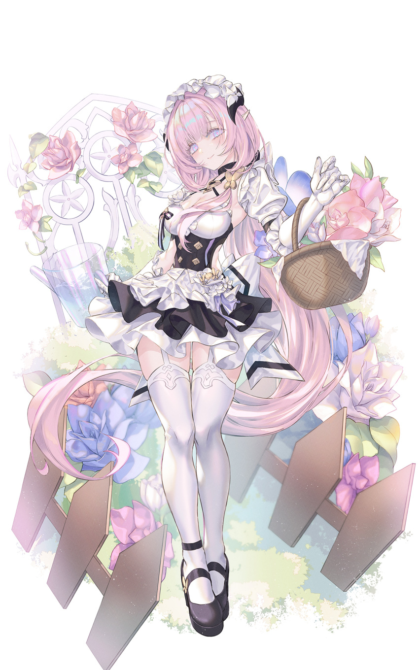 1girl apron blue_eyes breasts cleavage elbow_gloves elysia_(honkai_impact) elysia_(miss_pink_elf)_(honkai_impact) flower full_body gloves highres honkai_(series) honkai_impact_3rd long_hair looking_at_viewer maid neon_(pixiv_31150749) pink_eyes pink_hair pointy_ears revision skirt smile thighhighs very_long_hair white_apron white_gloves