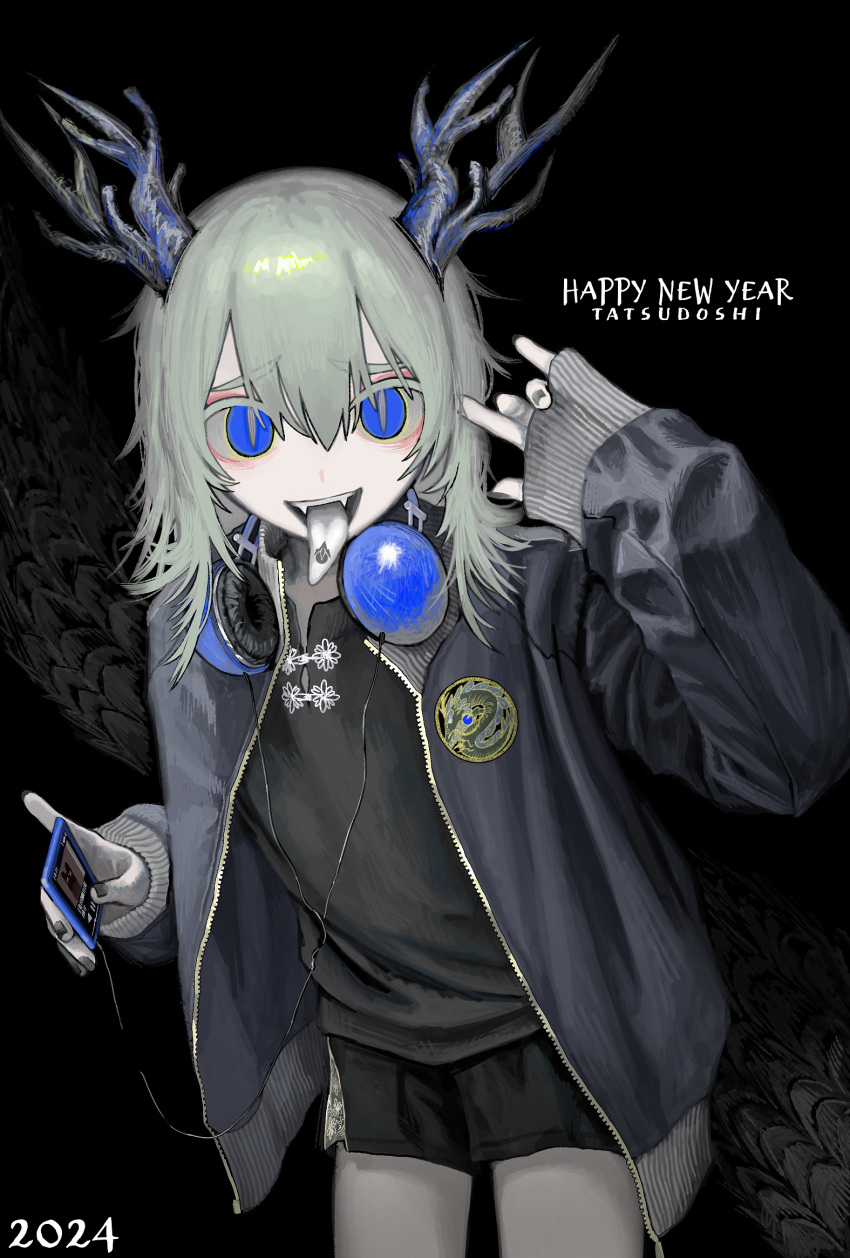 1girl 2024 antlers black_background black_nails black_shirt black_shorts blue_eyes chinese_zodiac commentary_request cowboy_shot fangs giv_81 grey_pupils grey_tongue hair_between_eyes hand_up happy_new_year headphones headphones_around_neck highres holding horns ibispaint_(medium) jacket long_sleeves long_tongue looking_at_viewer making-of_available medium_hair nail_polish open_clothes open_jacket open_mouth original shirt short_shorts shorts sleeves_past_wrists slit_pupils solo tongue tongue_out year_of_the_dragon