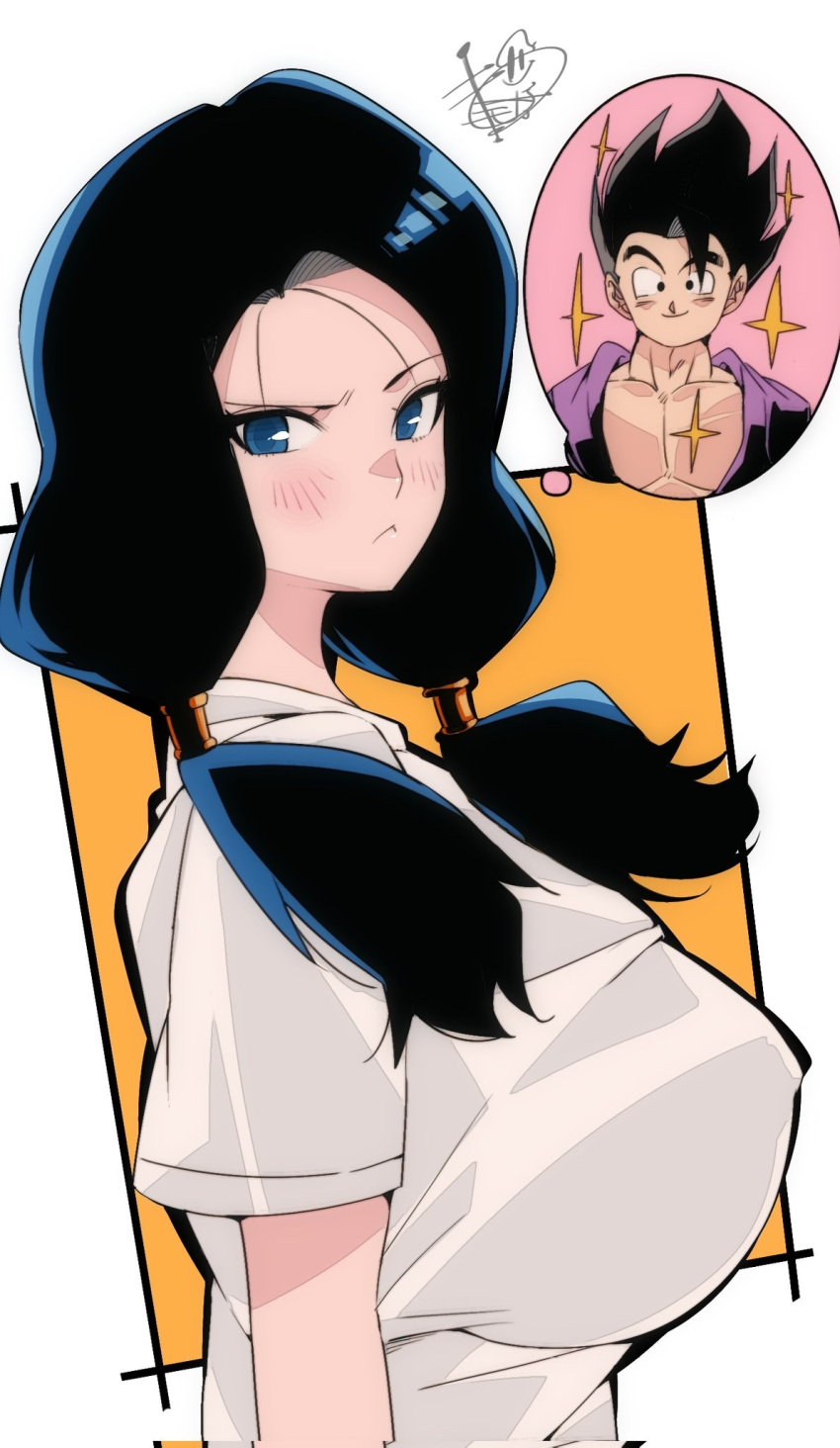 1boy 1girl black_hair blue_eyes blush breasts closed_mouth dragon_ball dragon_ball_z highres kinakomochi_(user_vedc2333) large_breasts long_hair looking_at_viewer shirt smile son_gohan twintails videl white_shirt