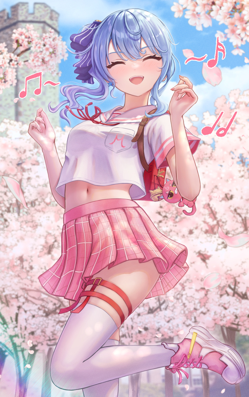 1girl absurdres alternate_costume backpack bag blue_hair breast_pocket cherry_blossoms closed_eyes commentary crop_top crop_top_overhang day facing_viewer gradient_hair hair_ribbon hands_up highres hololive hoshimachi_suisei leg_up long_hair midriff miniskirt multicolored_hair musical_note navel neck_ribbon open_mouth outdoors pink_footwear pink_skirt plaid plaid_skirt pleated_skirt pocket randoseru ribbon sailor_collar school_uniform serafuku shirt shoes short_sleeves side_ponytail skirt smile sneakers solo stomach thigh_strap thighhighs wajuniorbox white_shirt white_thighhighs zettai_ryouiki