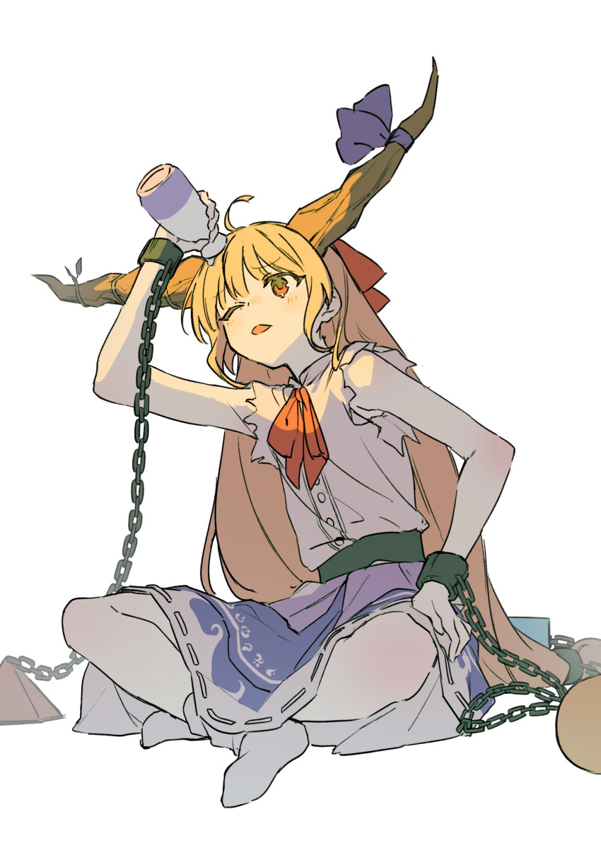 1girl ahoge arm_up blue_skirt blush bottle chain full_body hair_between_eyes hand_on_own_hip highres holding holding_bottle horns ibuki_suika indian_style jill_07km long_hair low-tied_long_hair neck_ribbon no_shoes one_eye_closed open_mouth orange_hair red_eyes red_ribbon ribbon ribbon-trimmed_skirt ribbon_trim shirt simple_background sitting skirt sleeveless sleeveless_shirt solo straight_hair torn_clothes torn_sleeves touhou very_long_hair water_drop white_background white_shirt