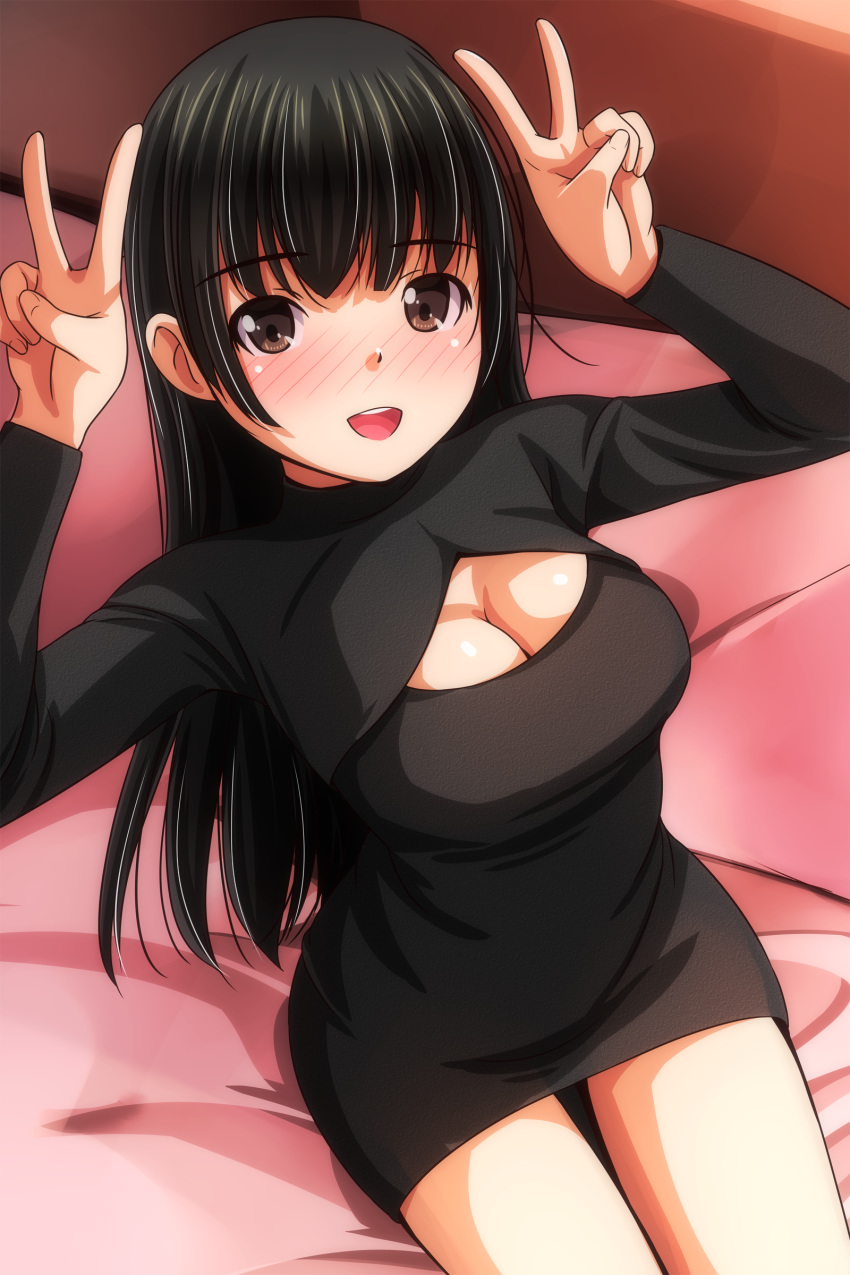 1girl absurdres black_dress black_hair blush breasts brown_eyes cleavage dated_commentary double_v dress highres long_hair long_sleeves looking_at_viewer matsunaga_kouyou medium_breasts open_mouth original sidelocks sitting smile solo teeth upper_teeth_only v