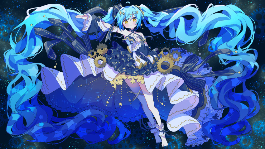 1girl absurdly_long_hair absurdres ahoge ankle_cuffs arm_up barefoot blue_dress blue_hair commentary_request detached_sleeves dress futaba969649 galaxy gears hand_up hatsune_miku highres long_hair looking_at_viewer showgirl_skirt smile solo very_long_hair vocaloid wavy_hair yellow_eyes