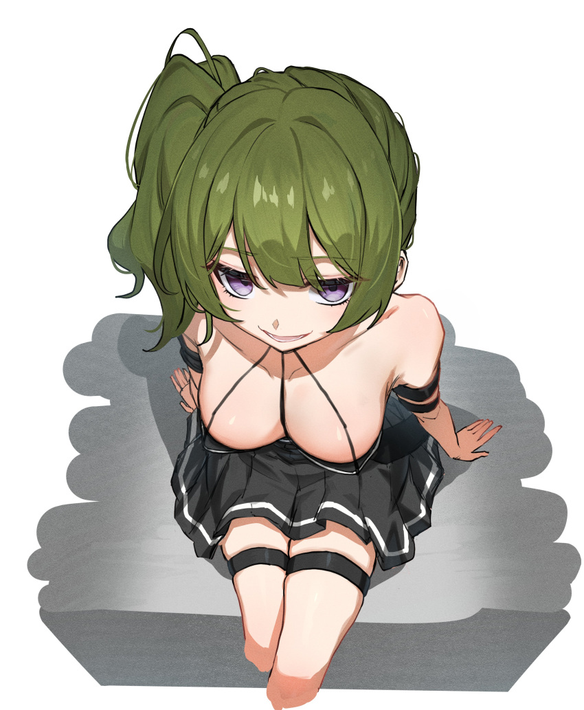 1girl absurdres arm_strap arm_support black_dress breasts cleavage commentary cropped_legs dress from_above green_hair highres jitome large_breasts long_hair mo_(mo80_rr) parted_lips pleated_dress purple_hair side_ponytail sitting solo sousou_no_frieren thigh_strap thighs ubel_(sousou_no_frieren)