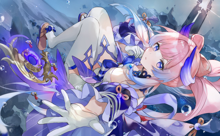 1girl air_bubble blue_gemstone blue_hair bow-shaped_hair breasts bubble closed_mouth colored_tips detached_sleeves floating_hair gem genshin_impact gloves half_gloves highres long_hair long_sleeves looking_at_viewer multicolored_hair sandals sangonomiya_kokomi solo soraneko_hino thighhighs underwater white_gloves white_thighhighs wide_sleeves