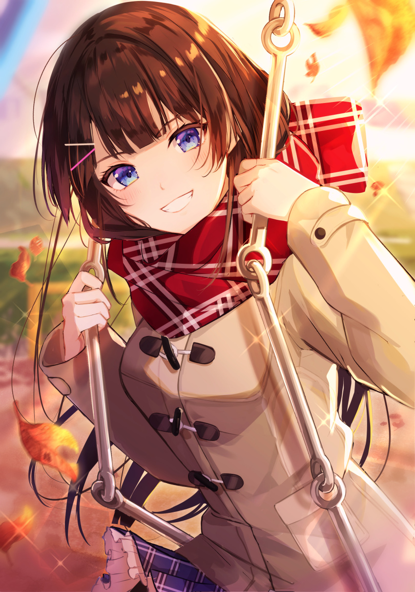 1girl absurdres bad_id bad_pixiv_id bangs blue_eyes blue_skirt blunt_bangs blurry blurry_background breasts brown_coat brown_hair coat commentary depth_of_field duffel_coat enpera eyebrows_visible_through_hair frilled_skirt frills goroo_(eneosu) grin hair_ornament hairclip hands_up highres leaves_in_wind long_hair long_sleeves looking_at_viewer medium_breasts nijisanji outdoors pleated_skirt red_scarf scarf skirt smile solo sunset tsukino_mito very_long_hair virtual_youtuber