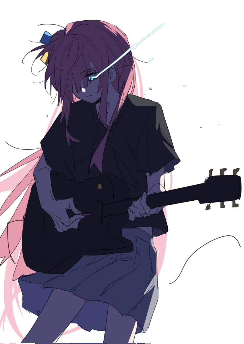 1girl black_shirt blue_eyes bocchi_the_rock! closed_mouth commentary corrupted_twitter_file cowboy_shot cube_hair_ornament expressionless eye_trail glowing glowing_eyes glowing_streaks gotoh_hitori grey_skirt guitar hair_ornament hashtag-only_commentary highres holding holding_guitar holding_instrument instrument light_trail long_hair molu_stranger pink_hair playing_guitar pleated_skirt shirt short_sleeves simple_background skirt solo white_background