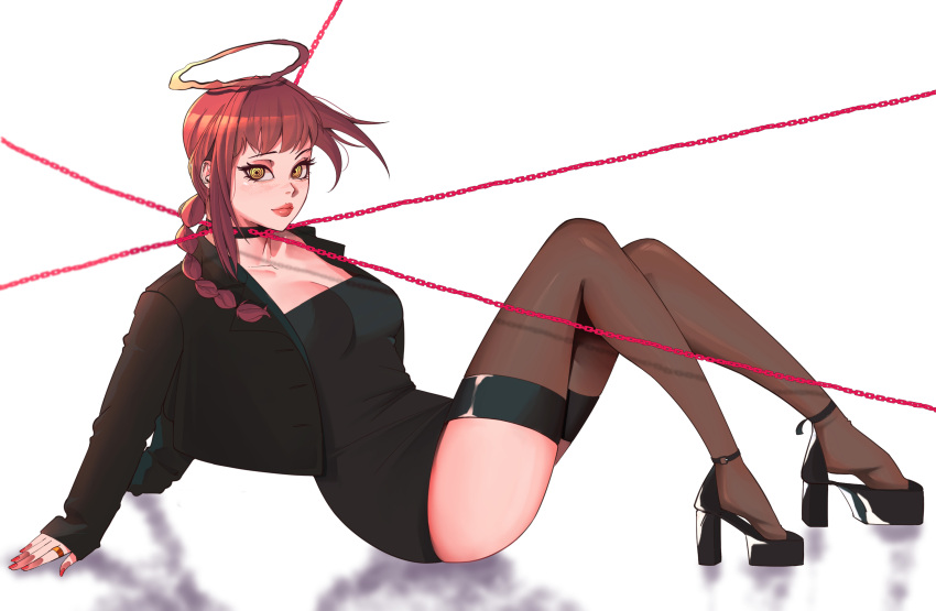 1girl absurdres black_dress black_footwear black_jacket black_thighhighs braid braided_ponytail breasts brown_hair choker cleavage dress footwear garter_straps halo high_heels highres jacket jobin_chan large_breasts leaning_back lips long_hair looking_at_viewer makima_(chainsaw_man) red_hair red_lips red_nails ringed_eyes shoes short_dress sidelocks simple_background sitting solo thighhighs thighs white_background yellow_eyes